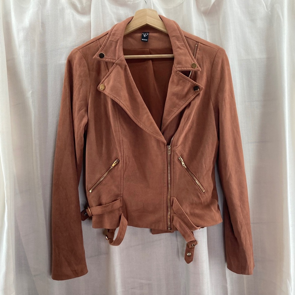 Windsor Women's Suede Moto Jacket Rust Orange Asymmetrical Zip Buckle Detail S